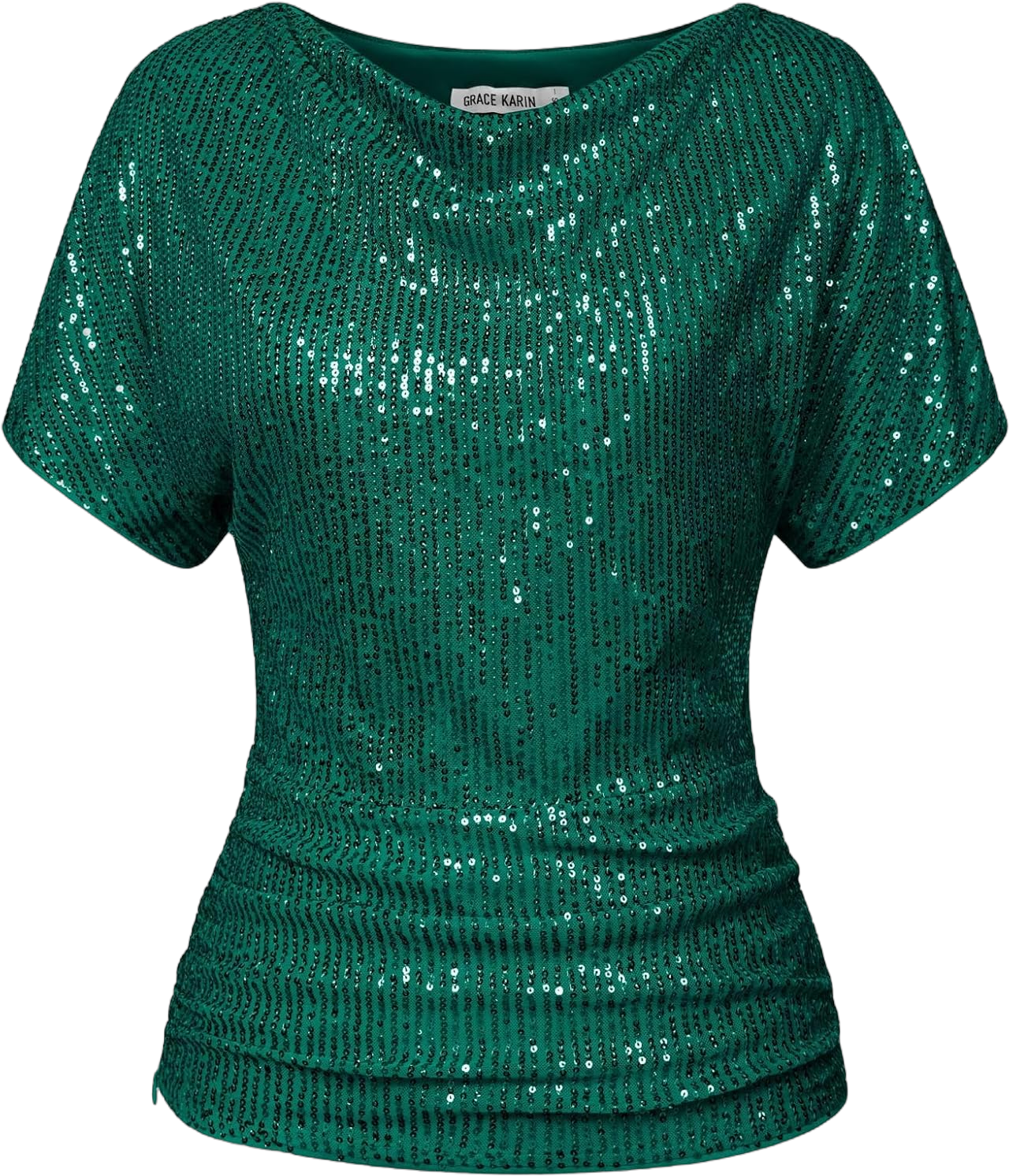 Holiday Top for Women Green Sequin Sparkle Ruched Cowl Neck Batwing Party Top XL