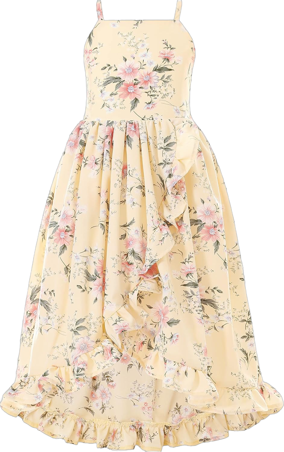 Flofallzique Floral Girls Maxi Dress Summer Spaghetti Strap Kids Vintage Boho Hi-Low Sundress 12 Years Yellow