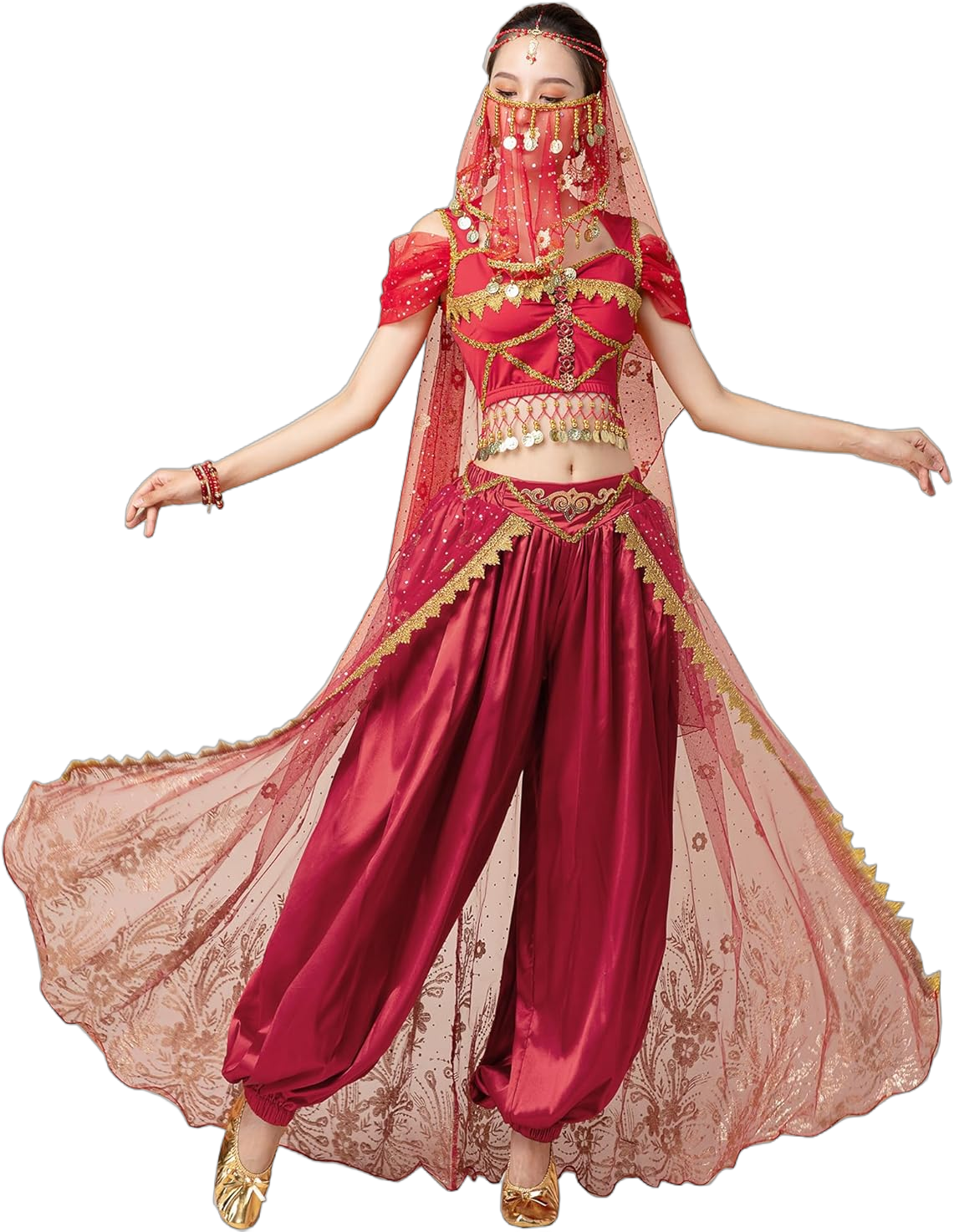 Women's New Aladdin Jasmine Princess Belly Dance Halloween Costume Set Belly Dance for Dress Up Party 5 Piece Outfit Medium Wine Red