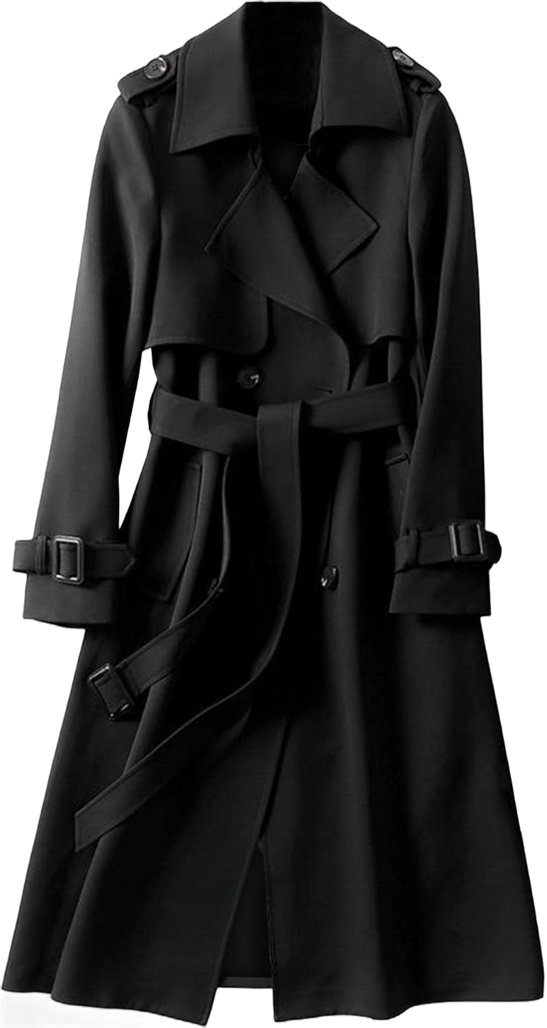 SOMTHRON Women's Double Breasted Long Trench Coat Belted Notch Lapel Overcoat Windproof Classic Outerwear X-Large Black