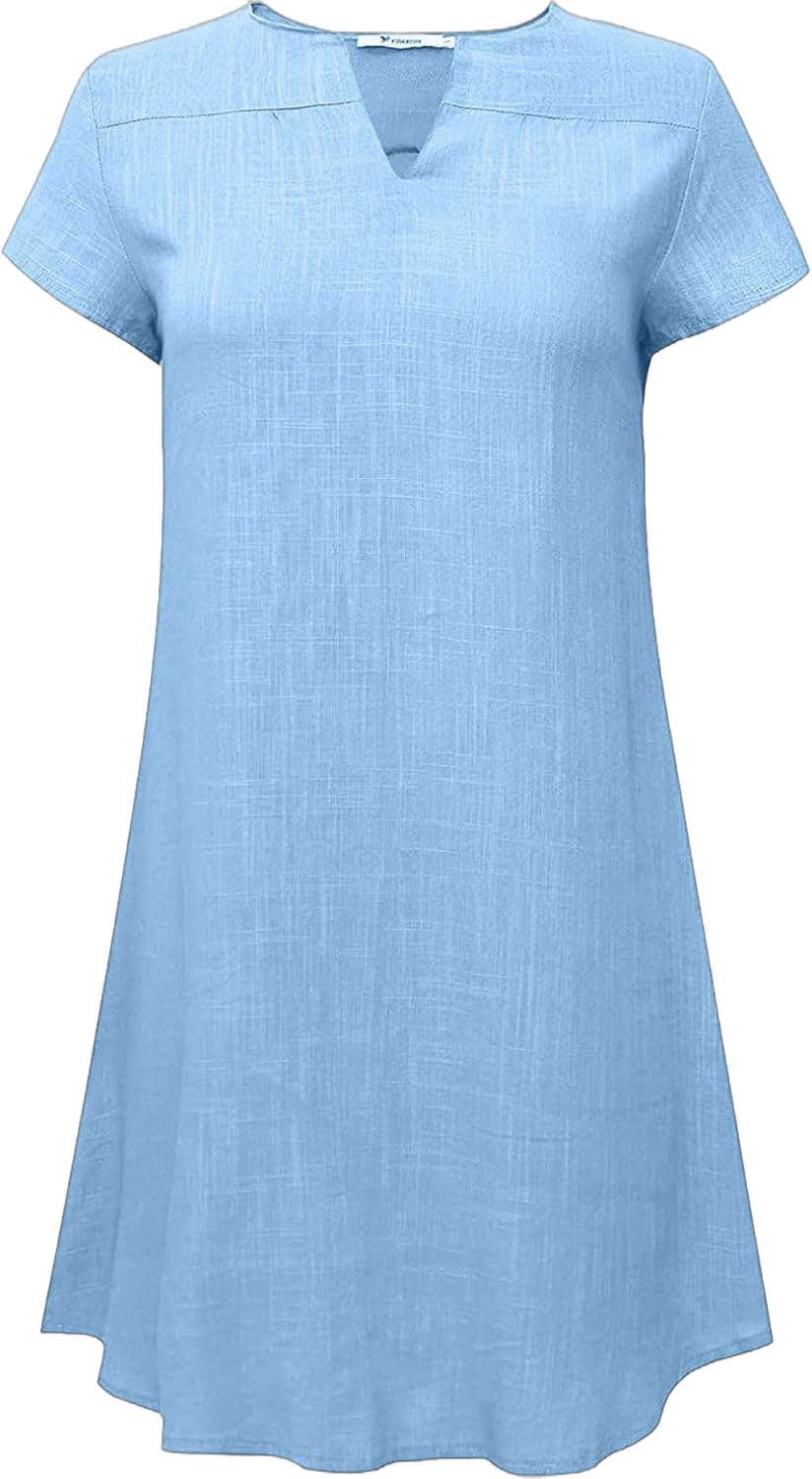 Womens Slim Dresses 2024 Ladies Summer Solid Cotton Linen Dress Short Sleeve V-Neck Loose Dress Plus Size Dress Large 1#light Blue