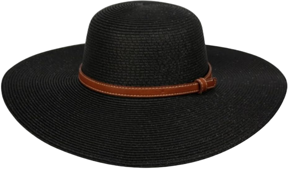 Women's Braid Straw Wide Brim Fedora Hat UPF 50+ w/Adjustable Drawstring (Brown Band/Black)