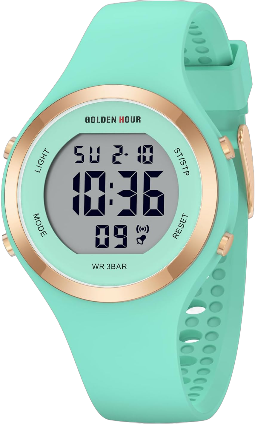 GOLDEN HOUR Waterproof Sport Women's Digital Chronograph Silicone Strap Watch Mint Green