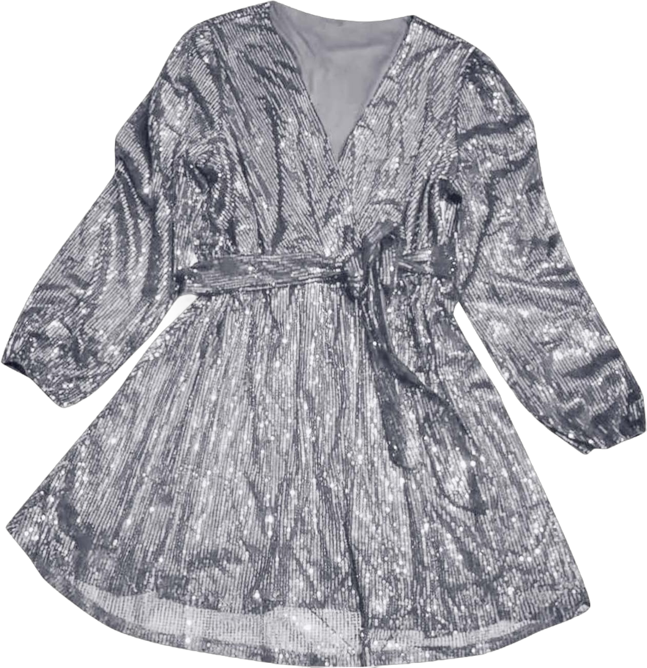 Binmer Sparkly Sequin Mini Wrap Dress Women 2024 V-Neck Long Lantern Sleeve Glitter Dresses with Belt Clubwear Party Outfit 4X-Large Silver