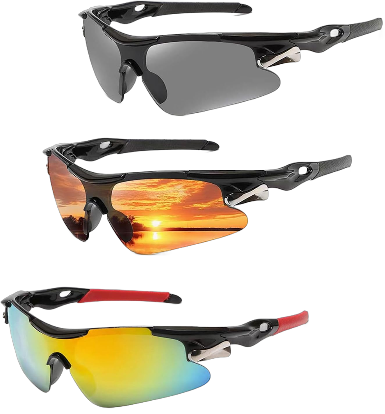 3 Pairs of Sports sunglasses Cycling Sunglasses for Men Women Youth Baseball Cycling Fishing motorcycle Running golf, UV Protection.