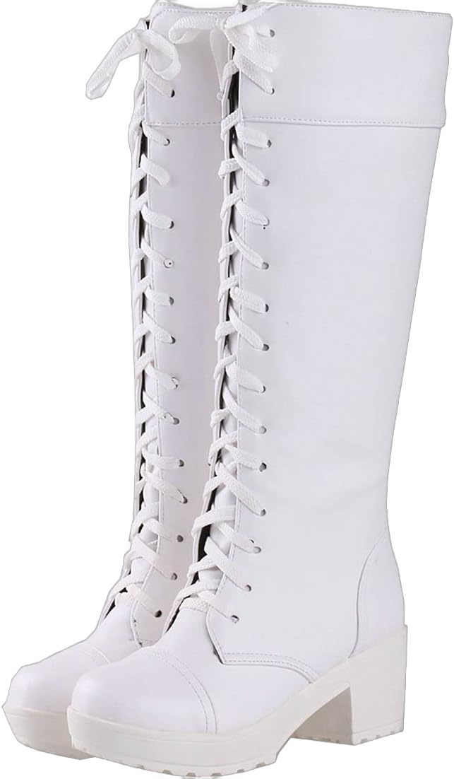 Trendenzy Womens Knee High Lace Up Combat Boots Chunky Platform Goth Boots 10 White