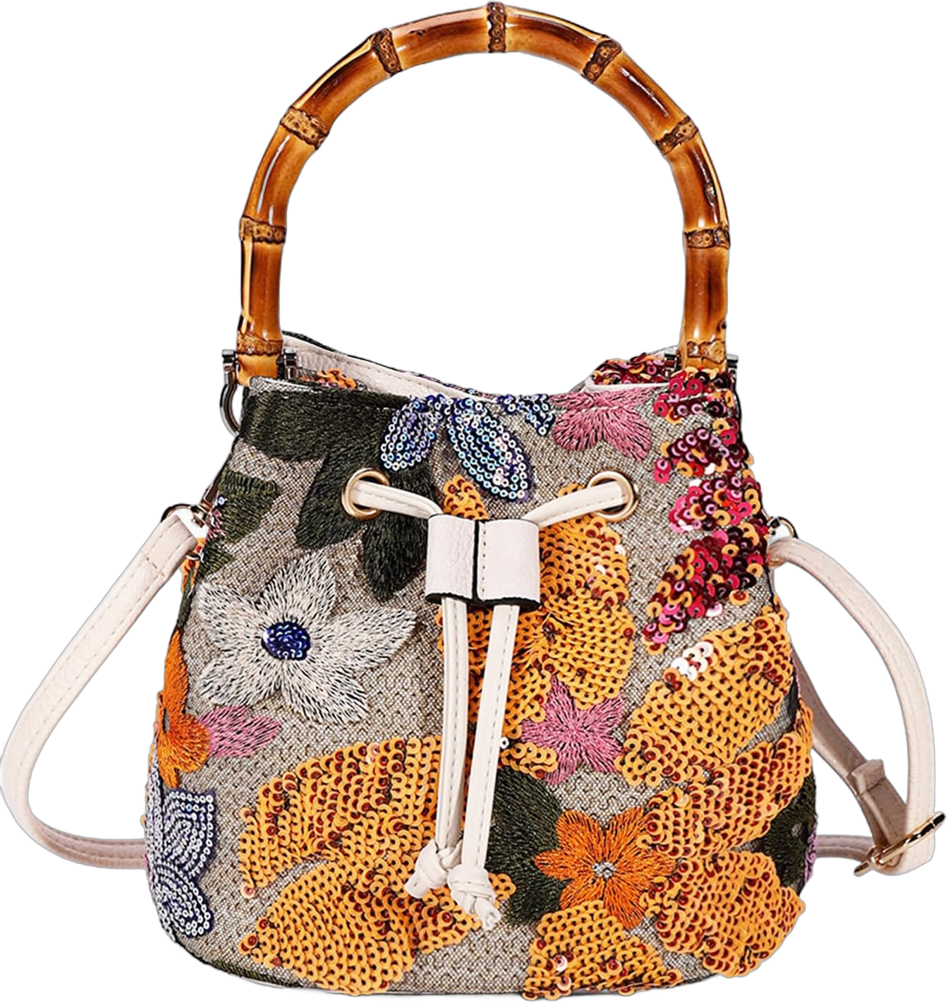 Crossbody Bags for Women, Beach Bag, Hand Embroidered Tot Bag, Bamboo carry handle Bucket bag, Bohemian Handbags Suitable for Vacation Travel Daily Matching