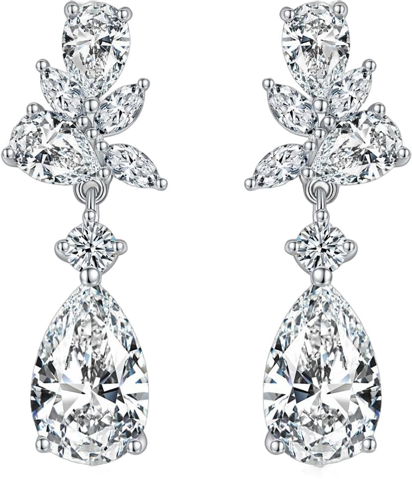 Wedding Teardrop Earrings Elegant Dangle Drop CZ Marquise Cubic Zirconia AAAAA 18K Gold Plated Sparkly Rhinestone Brides Bridal Bridesmaid Wedding Prom Formal Women Precious Silver Crystal Chandelier dangly Dangling Spalking Deluxe