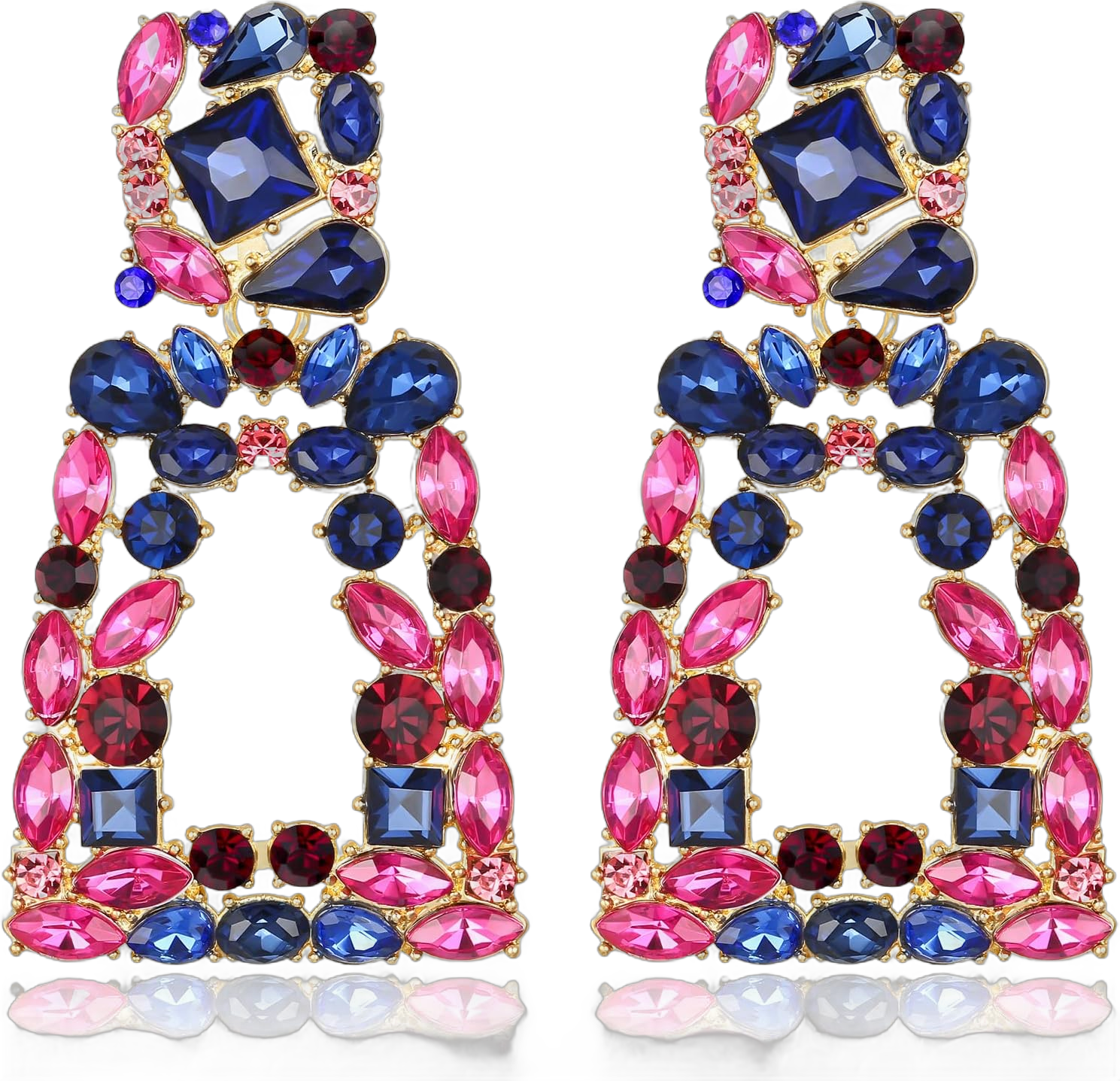 Flyonce Rectangle Dangle Earrings for Women, Rhinestone Crystal Geometric Statement Earrings Blue w/ Pink