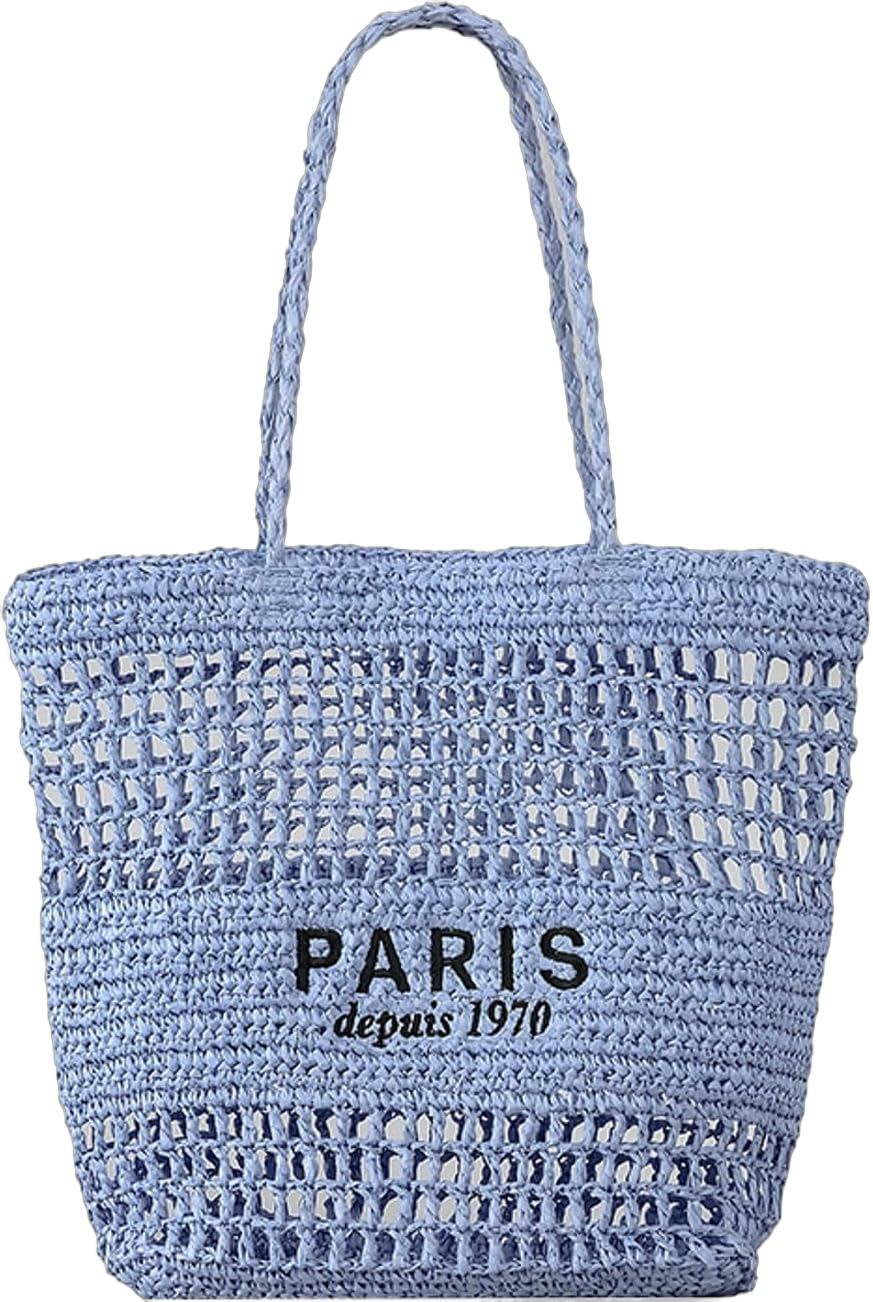 Straw Beach Bag Women PARIS Letter Woven Tote Shoulder Crochet Handbag Mesh Summer Vacation Picnic Purse Blue