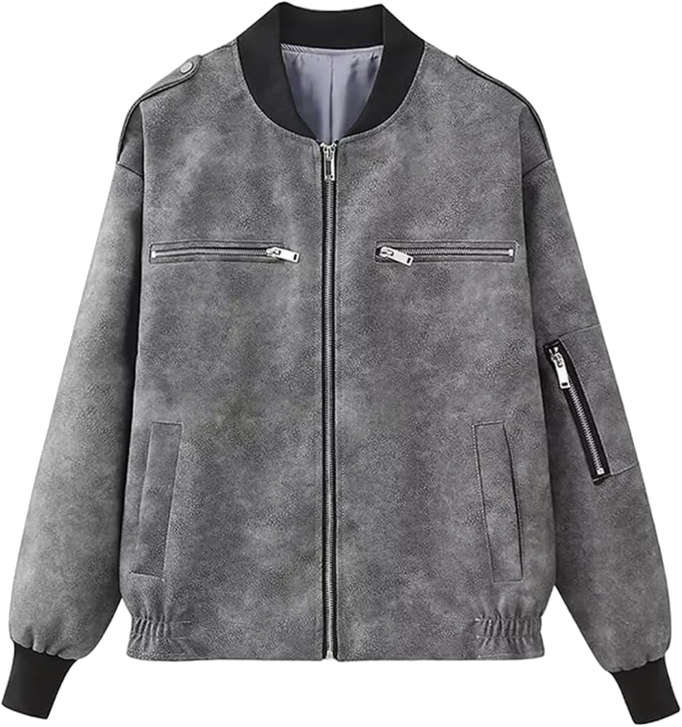 Women Pu Leather Zipper Bomber Jacket For Casual O-Neck Pocket Long Sleeve Street Coats Outerwear Small Brown