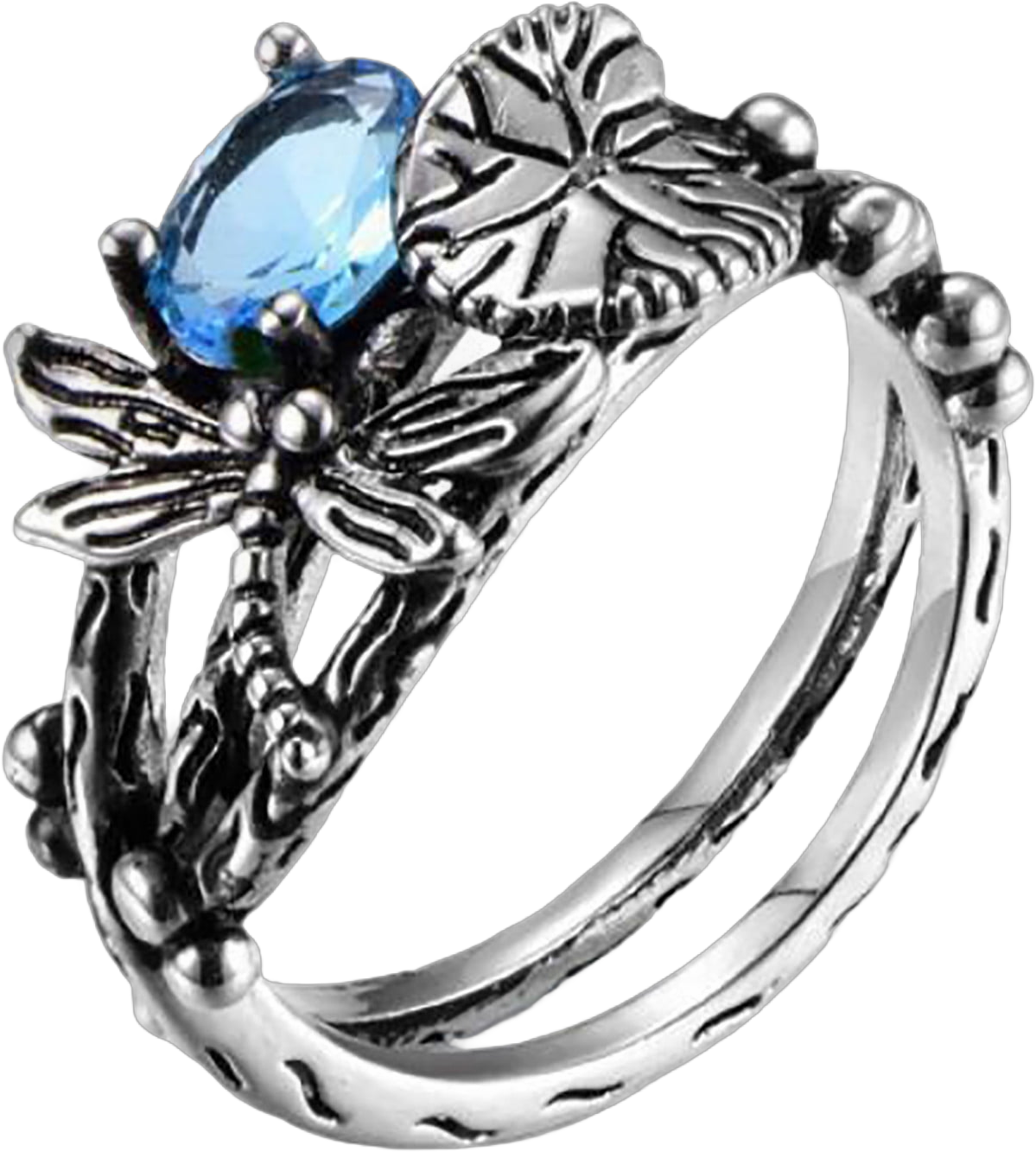 TIHLMK Sales Clearance Ring for Women Dragonflies and A Lotu Ring, Vintage Thai Silver Inlaid Ring