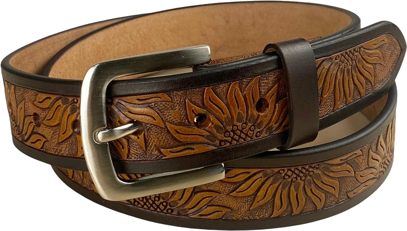 Leather Belt for Men Women Sunflower Full Grain One Piece Western Leather Belt with Buckle Handmade Tooled 1.5” Wide