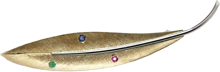 18ct Gold Emerald, Sapphire & Ruby Textured Leaf Brooch