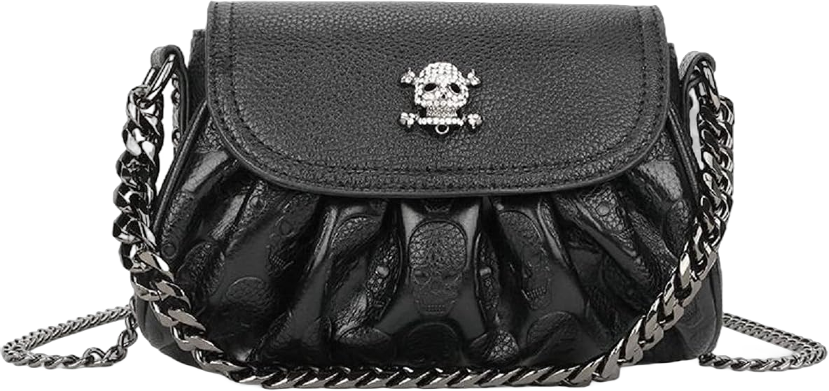 Women Studded Skull Gothic Crossbody Shoulder Bag Travel Leather Small Handbag Cellphone Purse Black