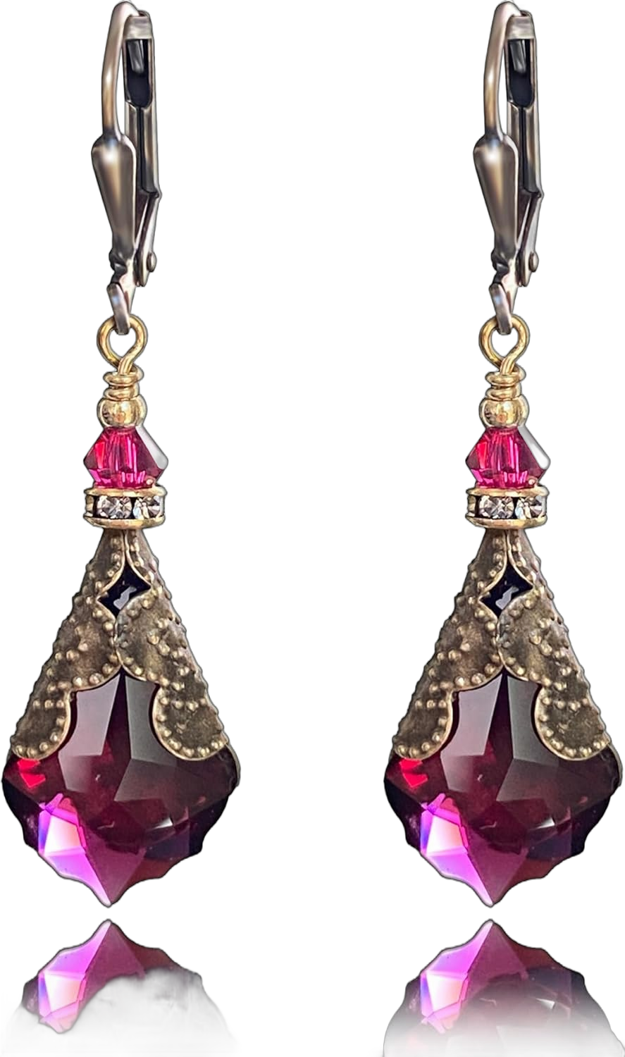 Antique Inspired Vintage Victorian Dangle Drop Earrings for Women - Colored Austrian Crystal Leverback Earrings - Jewelry Gift for Her - Bronze Red