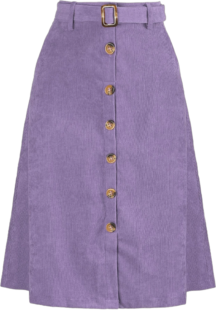 Allegra K Women's High Waist Solid Button Front A-Line Belted Corduroy Midi Skirt Purple Large