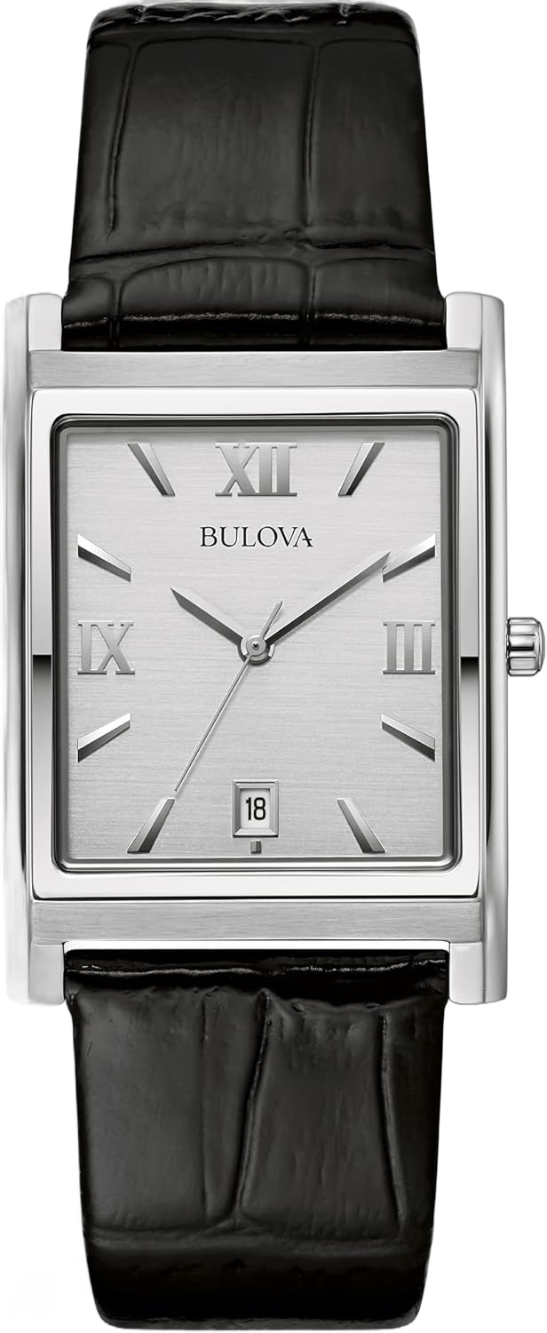 Bulova Men's Stainless Steel 3-Hand Calendar Date Quartz Watch with Black Leather Strap, Rectangle Dial Style: 96B107