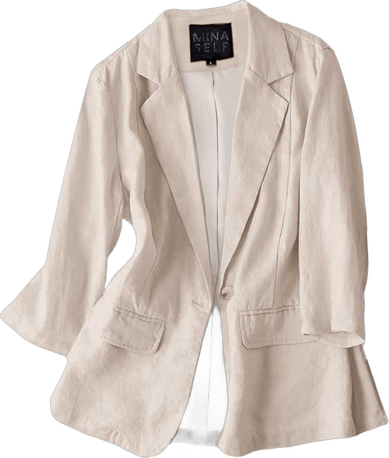 Womens 2024 Fall Linen Blazer 3/4 Sleeve Elegant Lightweight Slim Fitted Casual Work Office Pockets Jacket X-Large Beige