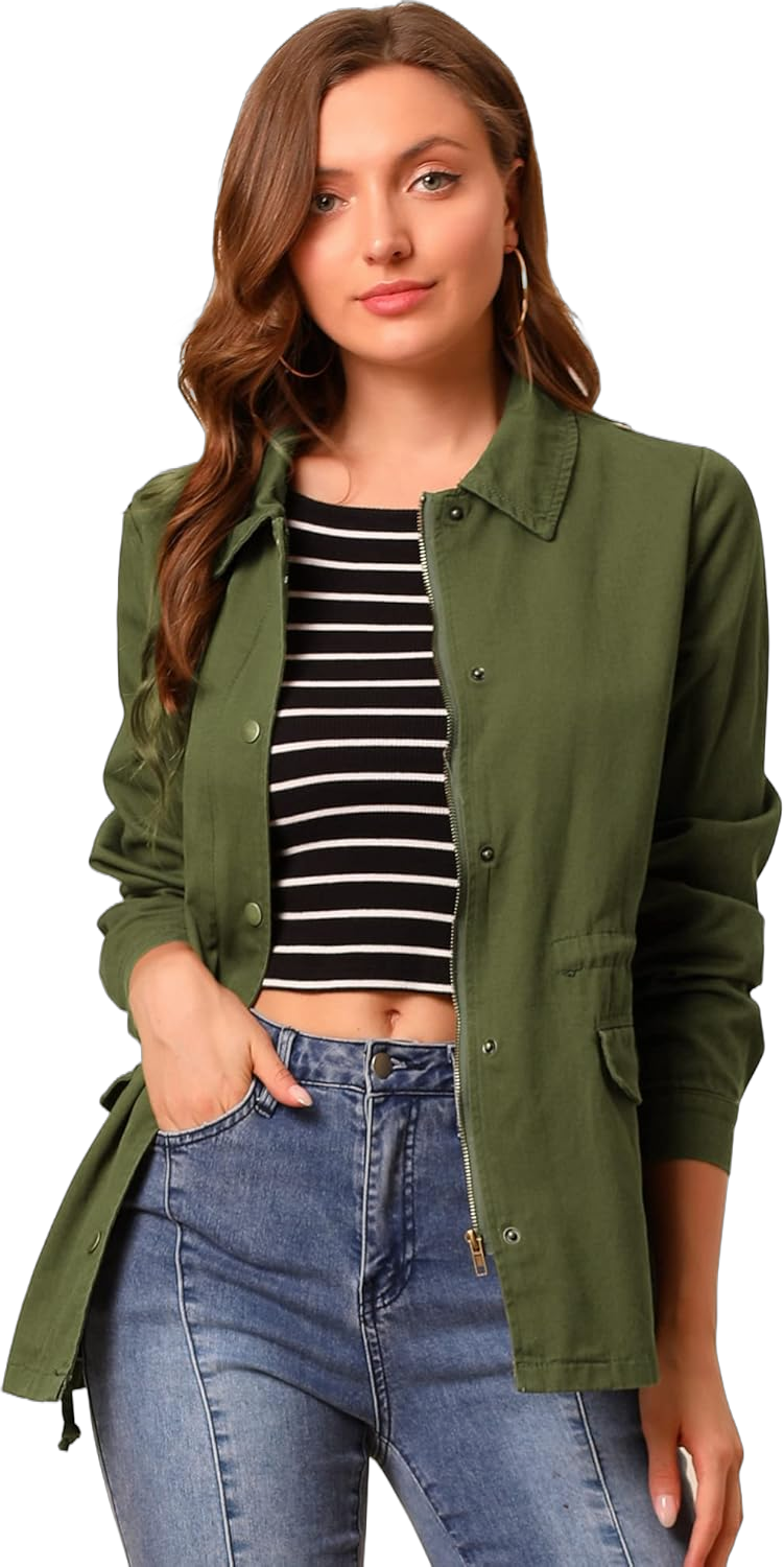 Allegra K Women's Utility Jackets Drawstring Waist 2024 Spring Flap Pockets Lightweight Jacket X-Large Olive Green