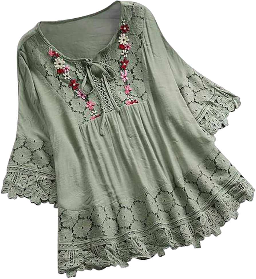 Womens Cotton Linen Embroidered Tops Loose Tunic Shirts 3/4 Long Sleeve Fall Lace Blouse Boho Peasant Trendy Clothes 3X-Large Green_women's Floral Embroidery Linen Shirts