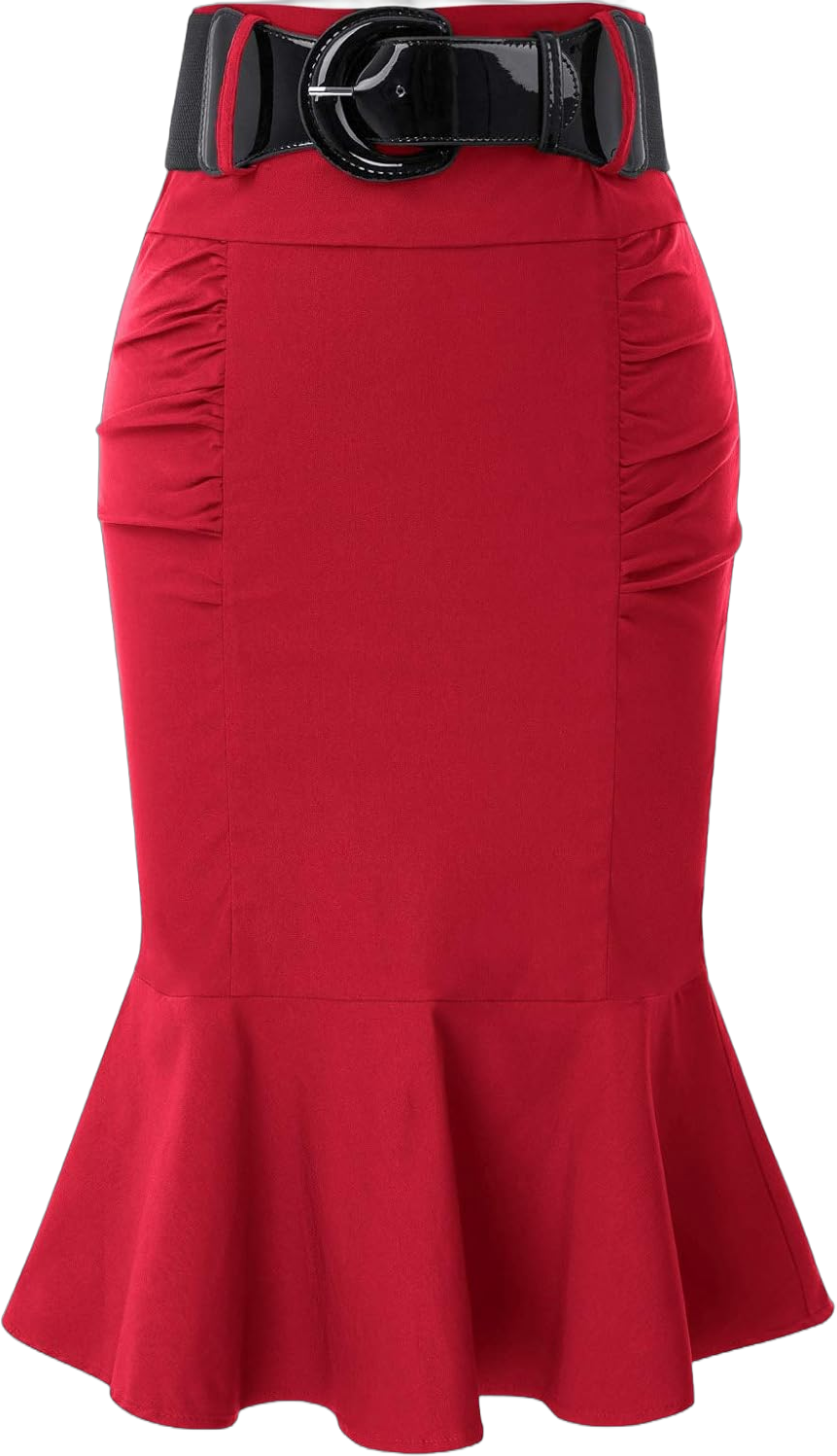 Belle Poque Women’s High Waisted Peplum Midi Pencil Skirt Work Business Skirts with Belt Large Red