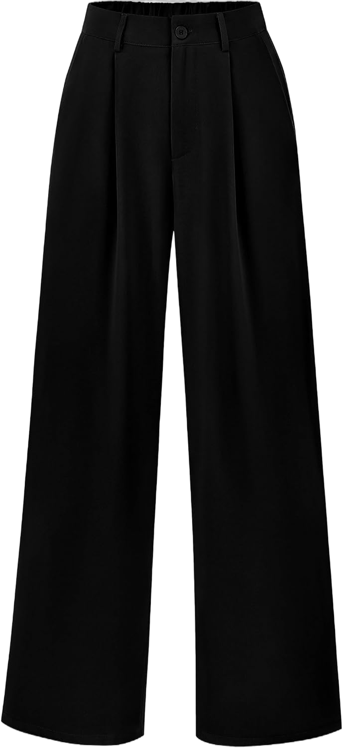 KIRUNDO Women's Elastic High Waisted Wide Leg Dress Pants Loose Fit Pleated Front Business Casual Work Pants Trousers X-Large Black