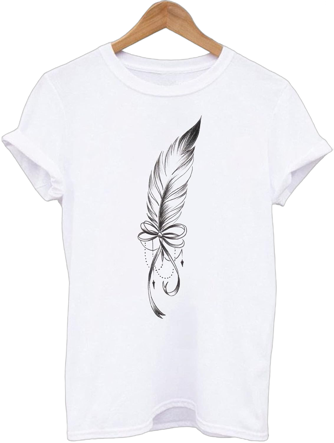 Cute Summer Tops for Women 2024 Dressy Casual Feather Print Shirts Short Sleeve Graphic Tees Basic Tshirt #G04-white Small