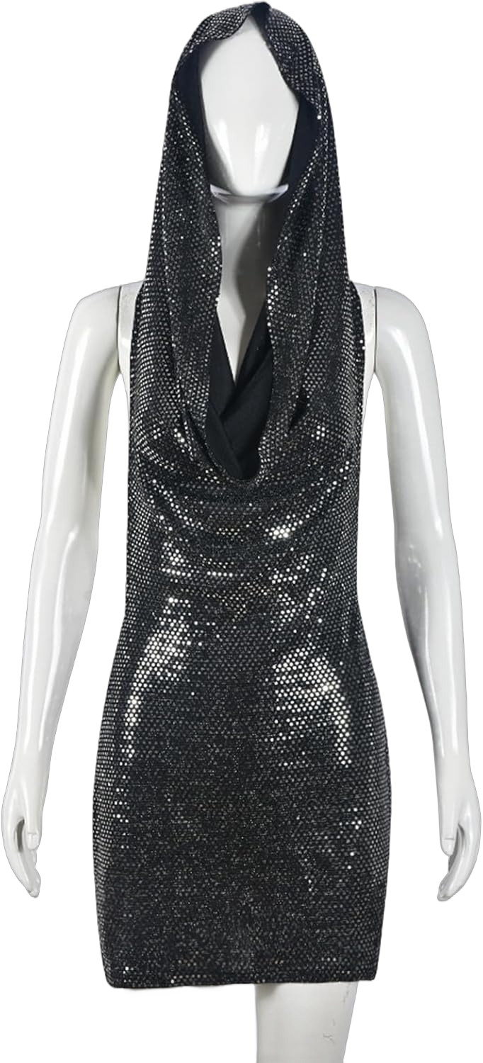 Women Sexy V-Neck Bodycon Sequin Mini Dress Hooded Sparkly Dresses for Party Club Night Black Medium