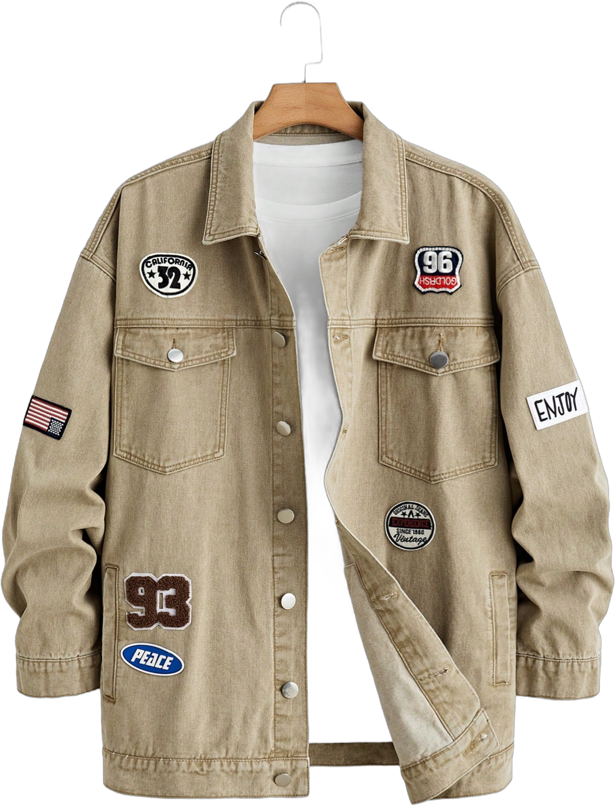 Manfinity LEGND Men's Plus Size Khaki Denim Jacket With Multiple Patches