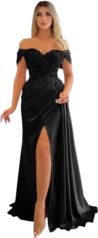 Women's Satin Mermaid Prom Dresses with Slit 2024 Off Shoulder Beaded Formal Evening Party Dresses 24 Plus Black