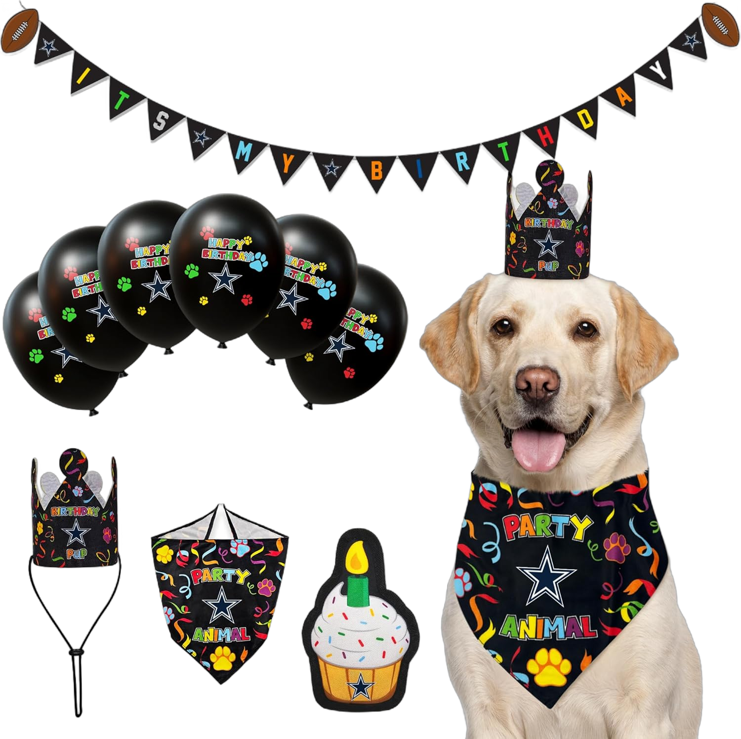 NFL Dallas Cowboys Dog Birthday Party Set 10pcs with 1 Football Bandana Small/Medium, 1 Crown Hat, 1 Banner, 1 Birthday Cake Toy & 6 B-Day Balloons, Dog Birthday Set, Costume, Fun Doggie Pawty