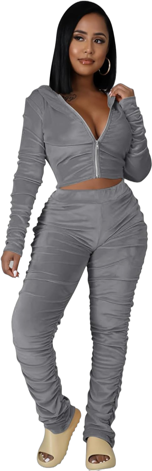 Womens 2 Piece Ruched Velour Hoodie Jogger Tracksuit Two Piece Outfits for Women, Long Sleeve Zip Up Velvet Crop Tops Jacket Tapered Pants Fall Lounge Matching Set Sportswear Jogging Sweatsuit Pockets