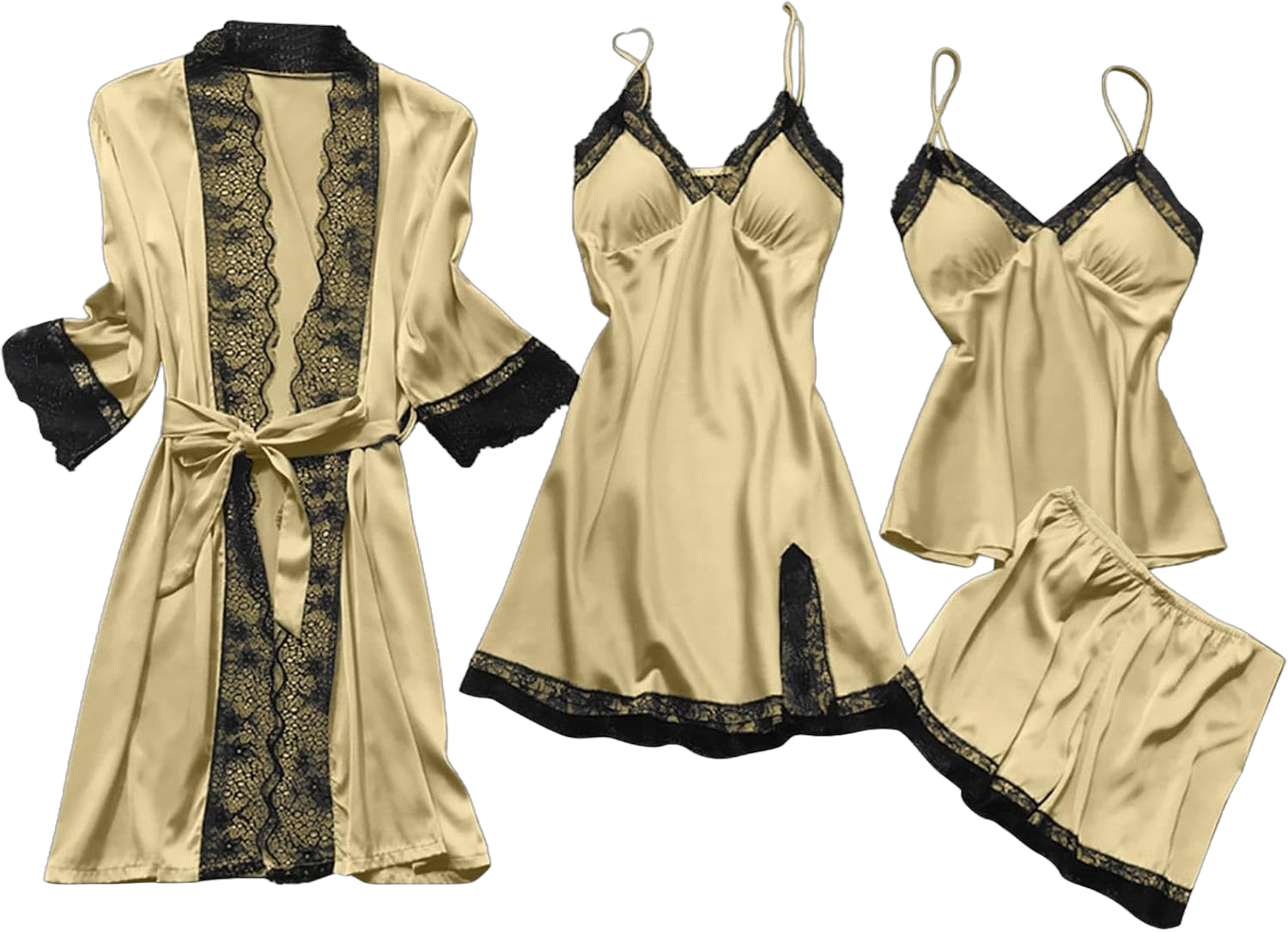 Pajamas for Women Silk Pajama Set 4pcs Robe Babydoll Lingerie Satin Sleepwear Nightdress Sexy Lace Nightgowns Sets Gold Large