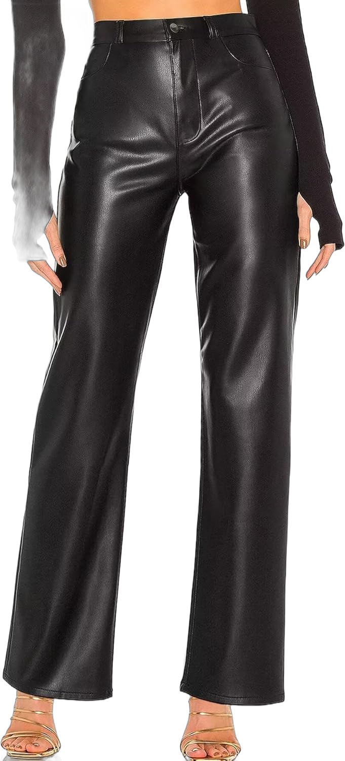 TZLDN Women's Faux Leather Pants with Pockets High Waisted Straight Wide Leg Casual PU Trousers