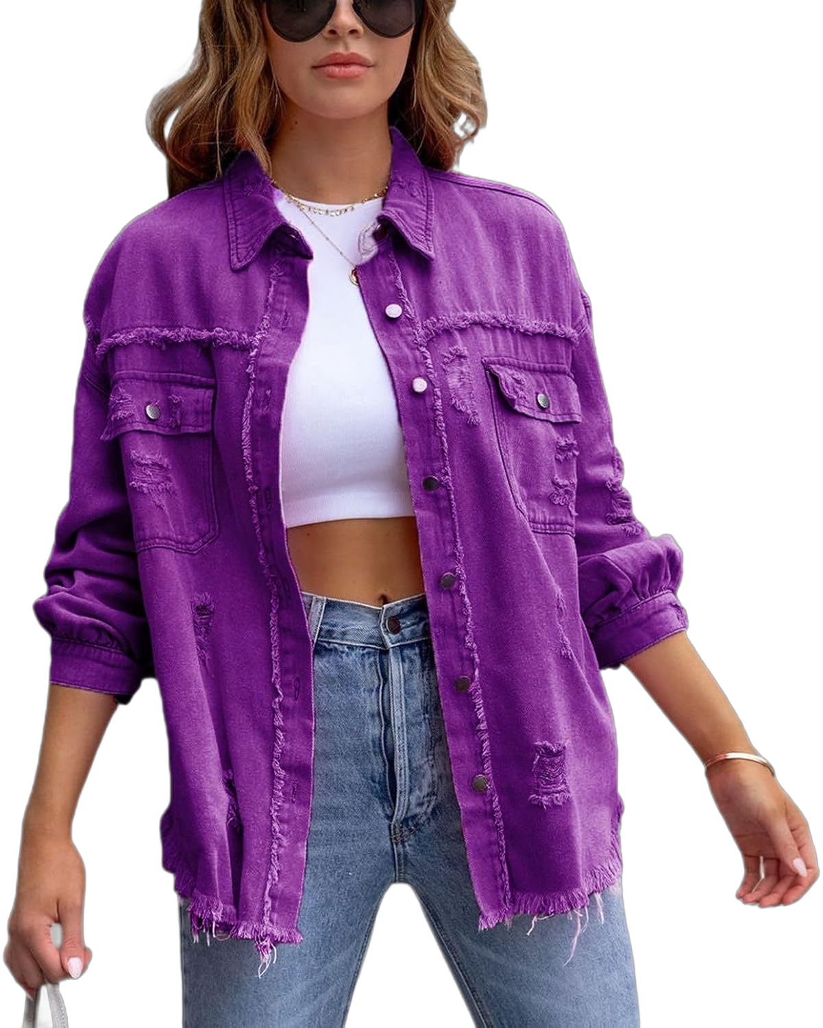 Lu's Chic Women's Denim Button Down Shirt Shacket Long Sleeve Top Western Split Date Night Winter Shirt Jacket Small Purple