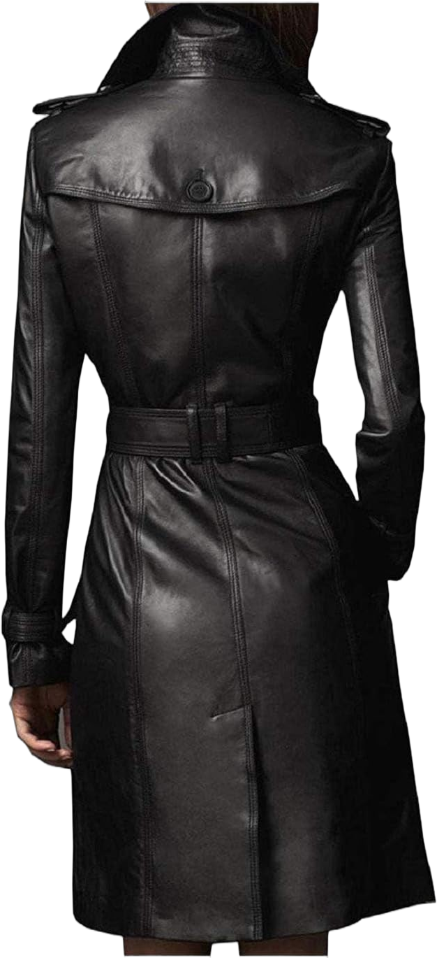 Women Designer Black Trench Leather Long Coat with Belt Trench Coat Slim Fit Style for Ladies X-Small Black