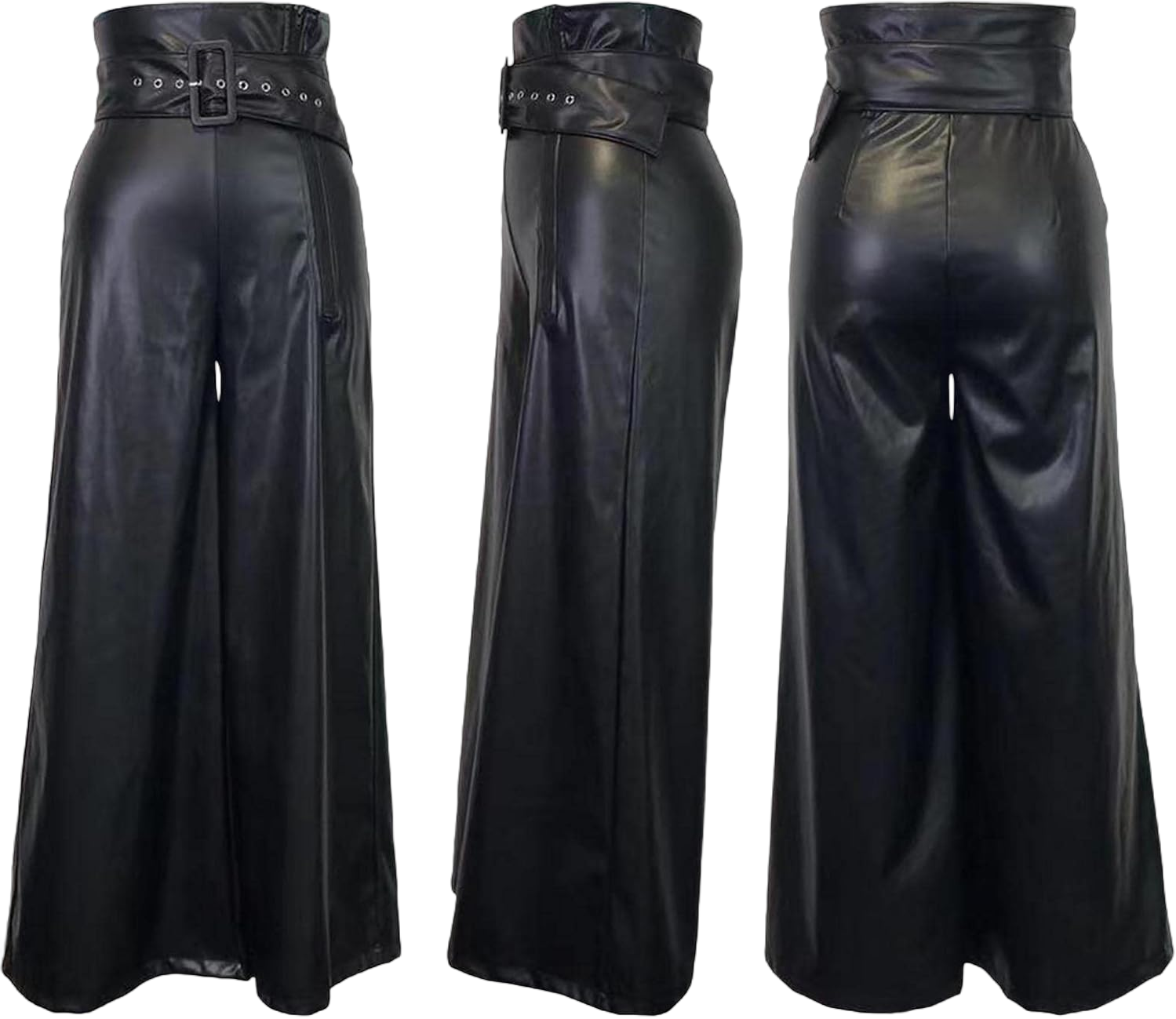 Sexyshine Women's PU Faux Leather High Waisted Side Zipper Loose Wide Leg Vintage Leather Pants with Belt Chic Clubwear Large Black