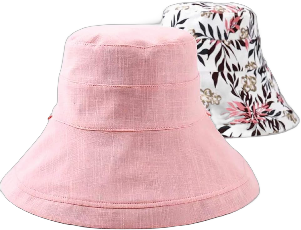 Women's Linen Cotton UPF 50+ Sun Hat Reversible Bucket Hat with Wide Fold-Up Brim and Chin Strap One Size Pink