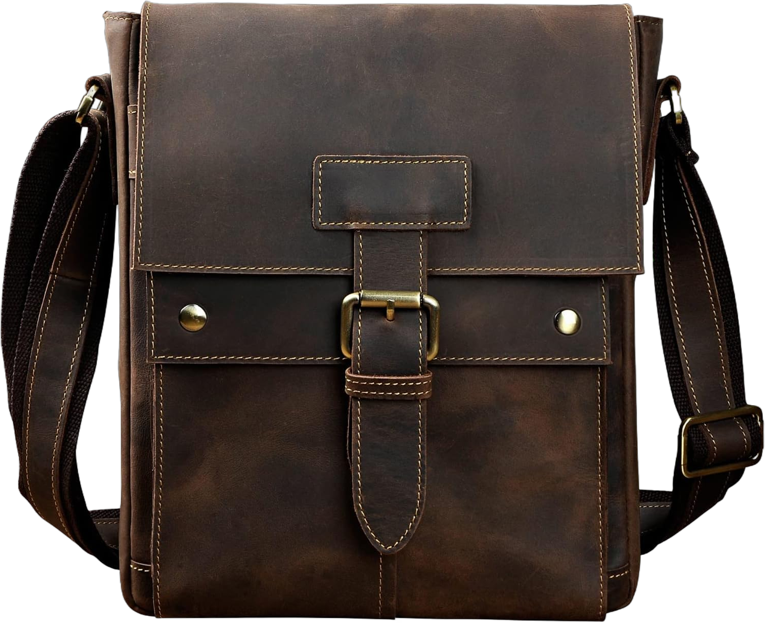 Mens Genuine Leather Casual Satchel Sling Messenger Shoulder Cross-body Bag Flap Over A Brown