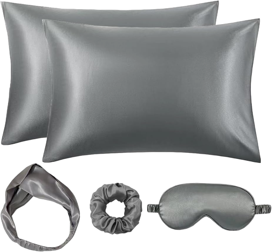 Satin 5-Piece Gift Sleep Set Pillowcase Eye Mask Scrunchies Pillow Case Blindfold with Headband for Women (Gray)