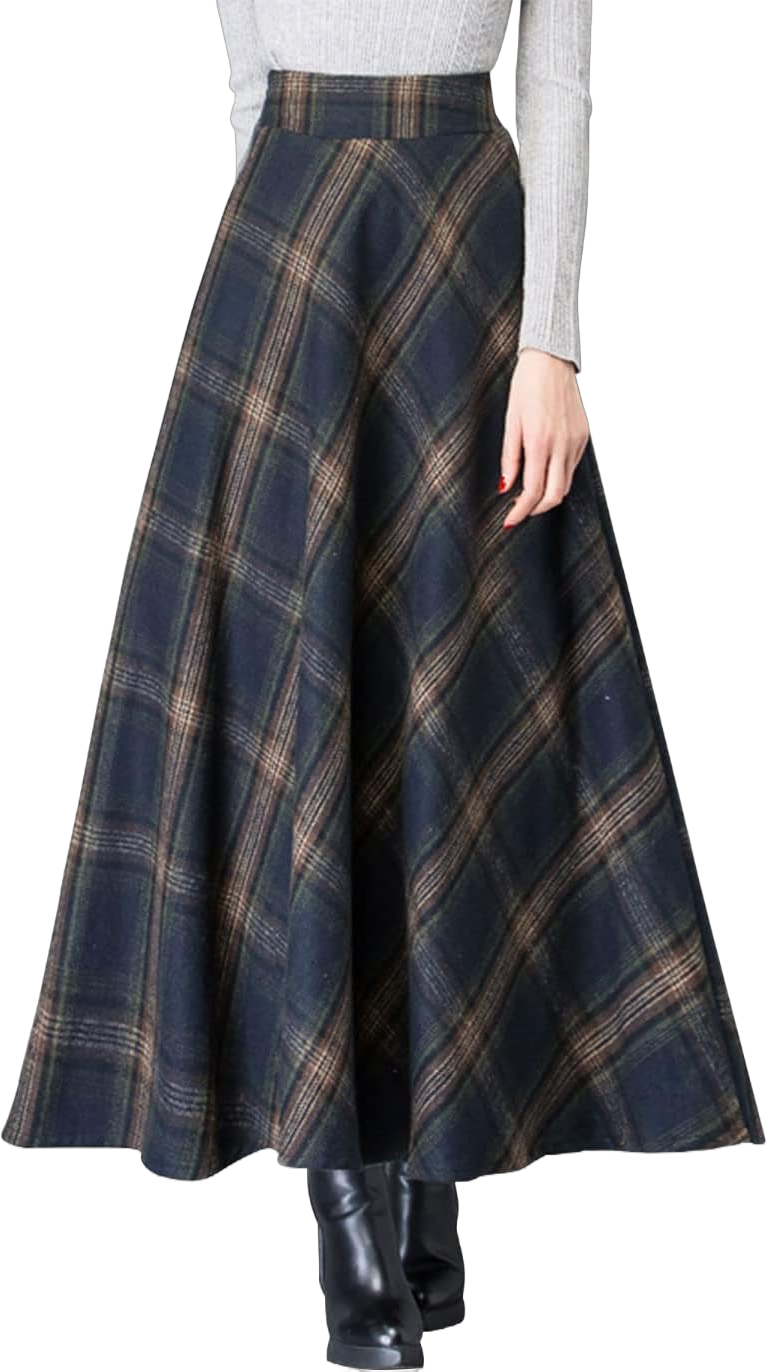 ebossy Women's Vintage High Waist Wool Blend Plaid A-Line Long Maxi Skirt with Pocket Small Plaid Blue