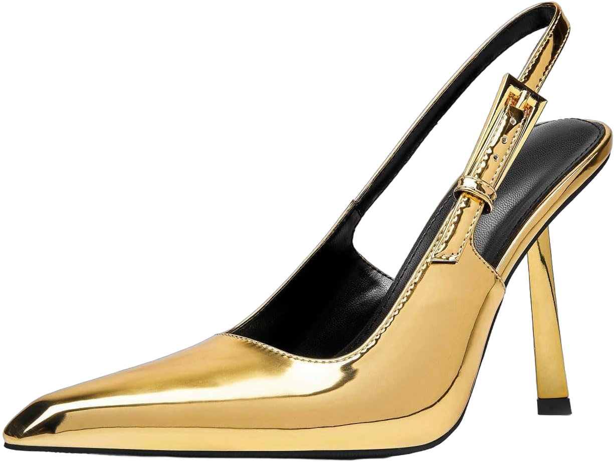 Slingback Pointed Closed Toe Stiletto Heels Sandal for Women,Women's Basic Classic Patent Leather Metal Buckle Pumps Backless Ankle Slip-on Buckle Strap Mid High Heels Banquet Dress Shoes Golden 8.5