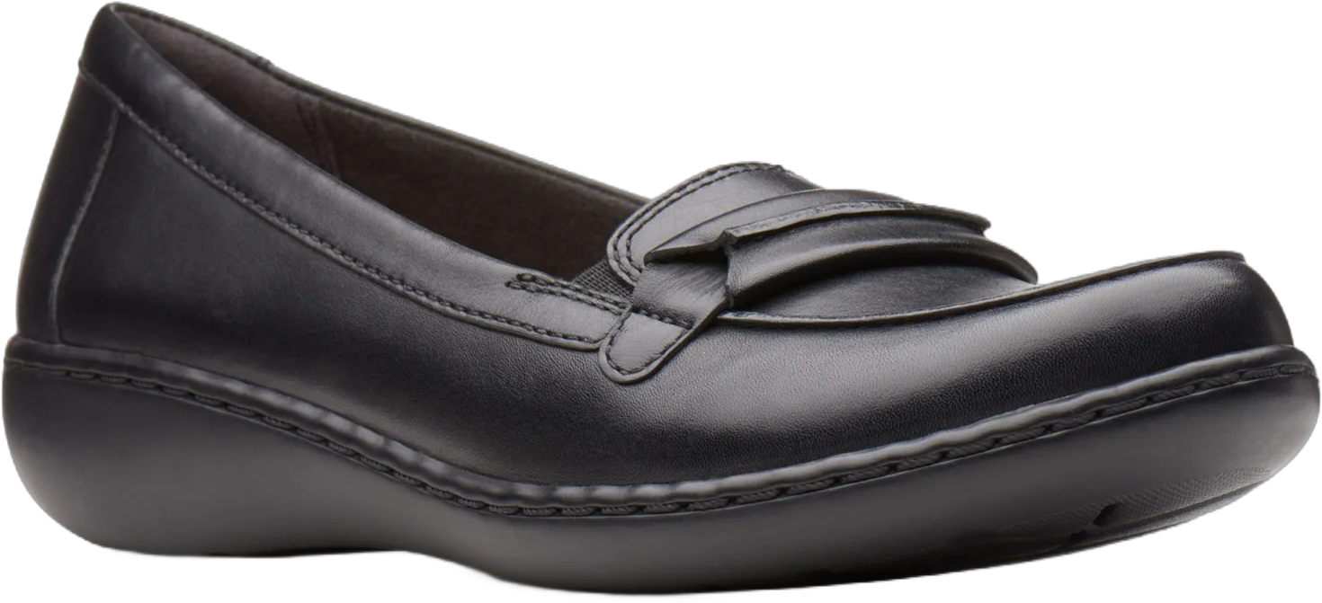 CLARKS Womens Black Cushioned Ashland Lily Round Toe Wedge Slip On Leather Loafers 7 N