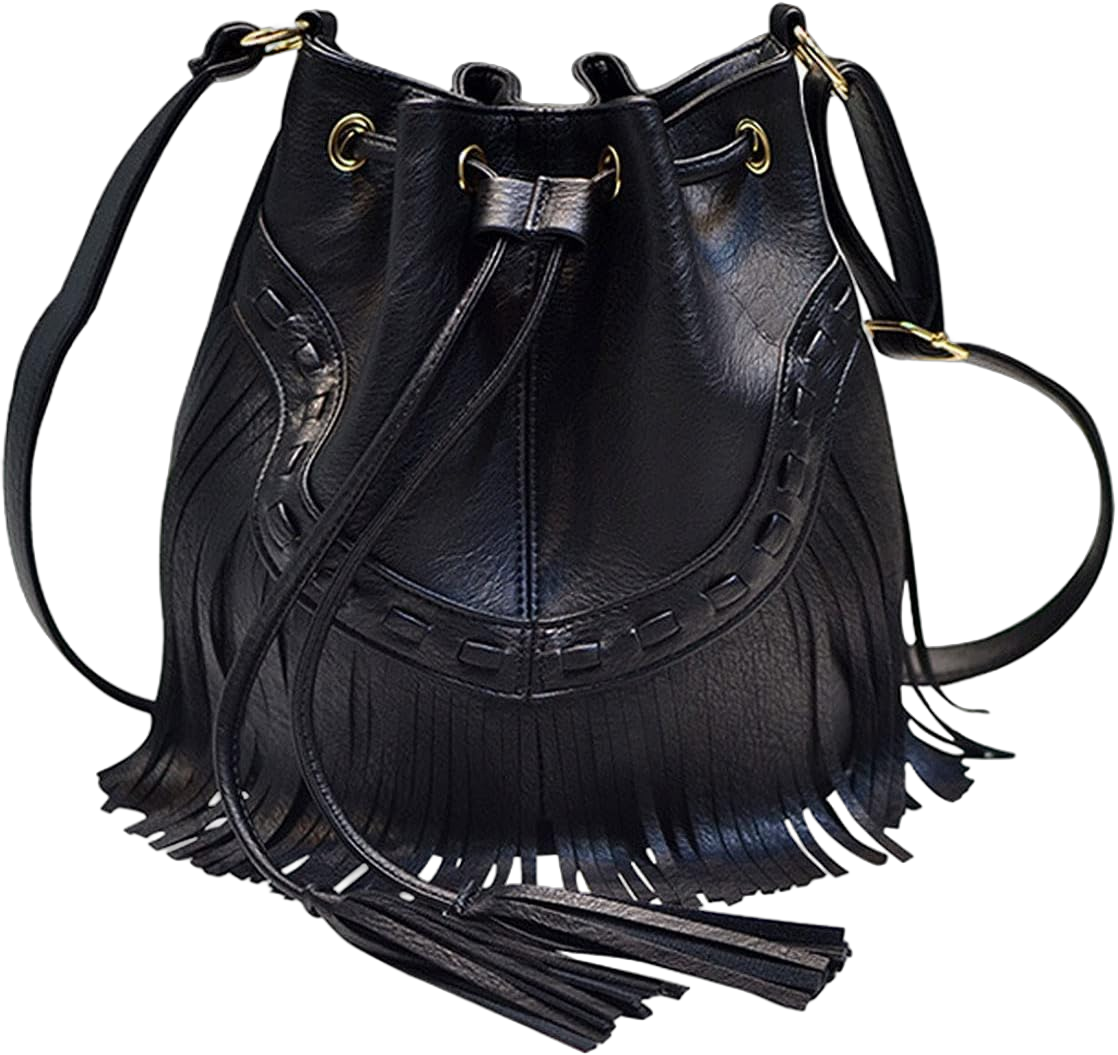 Women Small Fringed Faux Leather Crossbody Bag Drawstring Shoulder Bag Boho Bucket Bag Black