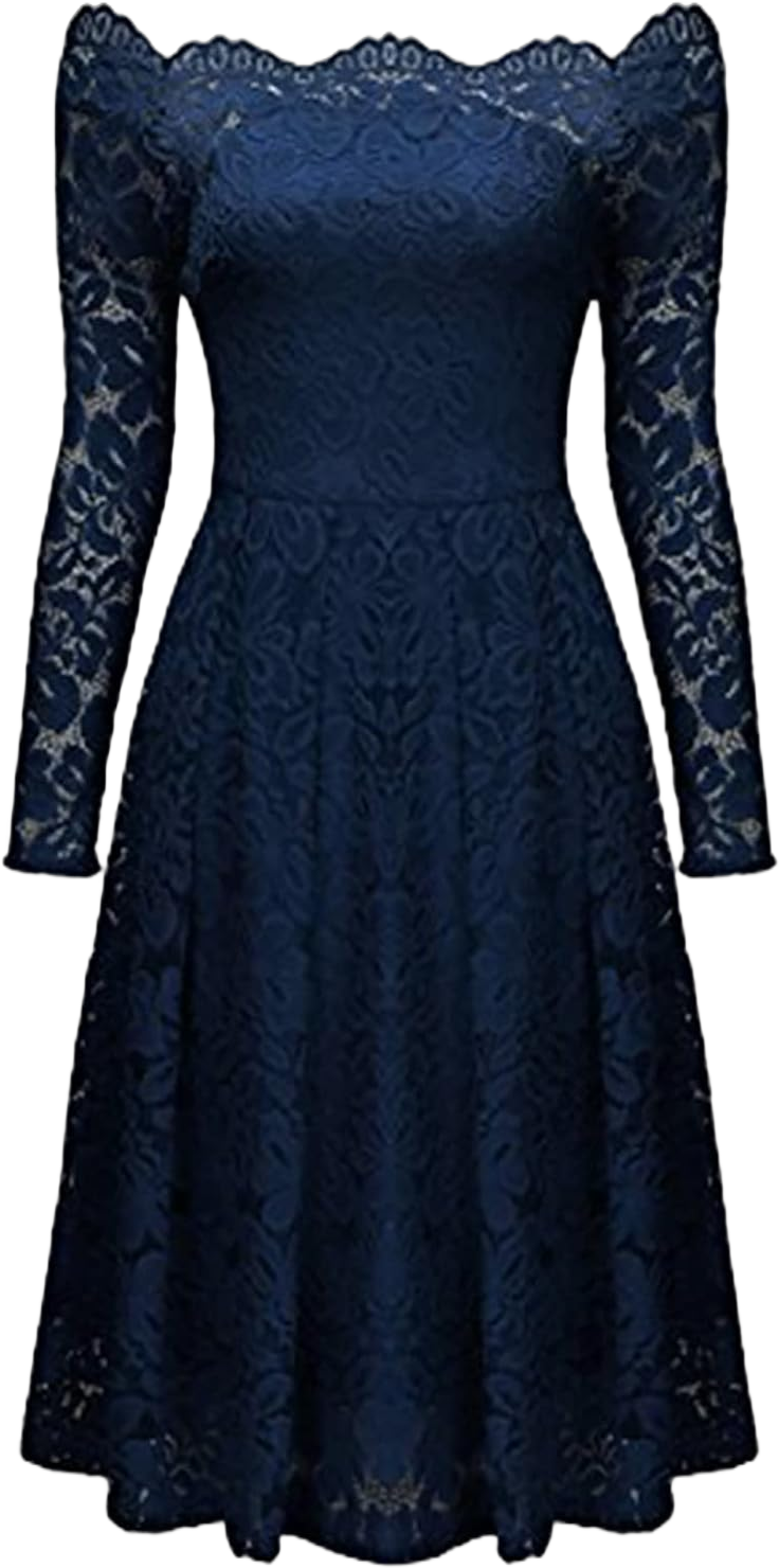 Women's Dresses Color Lace Patchwork Sheath Strapless Dress Swing Long Sleeve Evening Prom Cocktail Dresses, S-5XL X-Large Navy