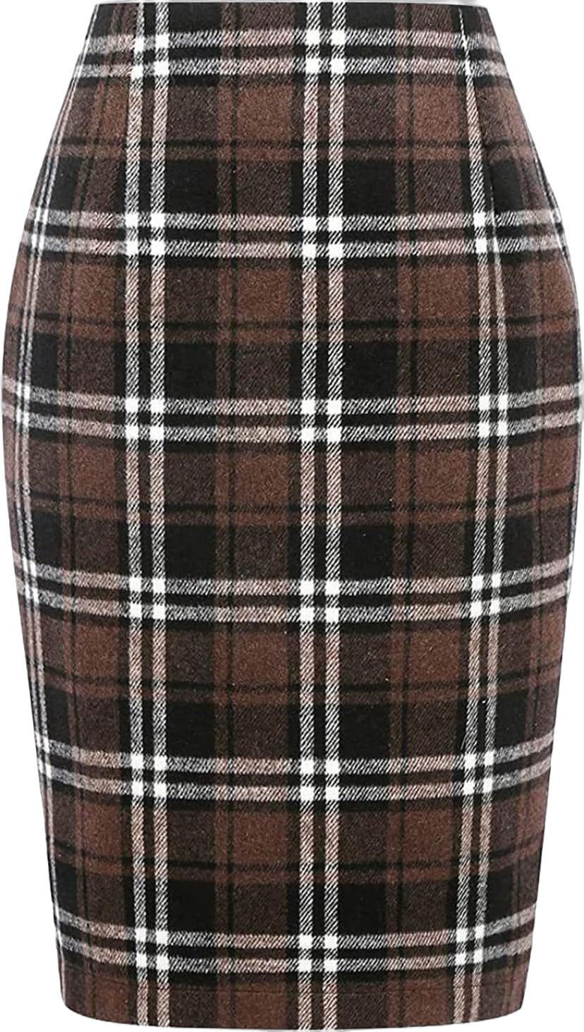 Short Skirt Glitter Pencil Plaid Skirts for Women Fall Winter High Waisted Bodycon Knee Length Wool Midi Skirt with Slit Coffee