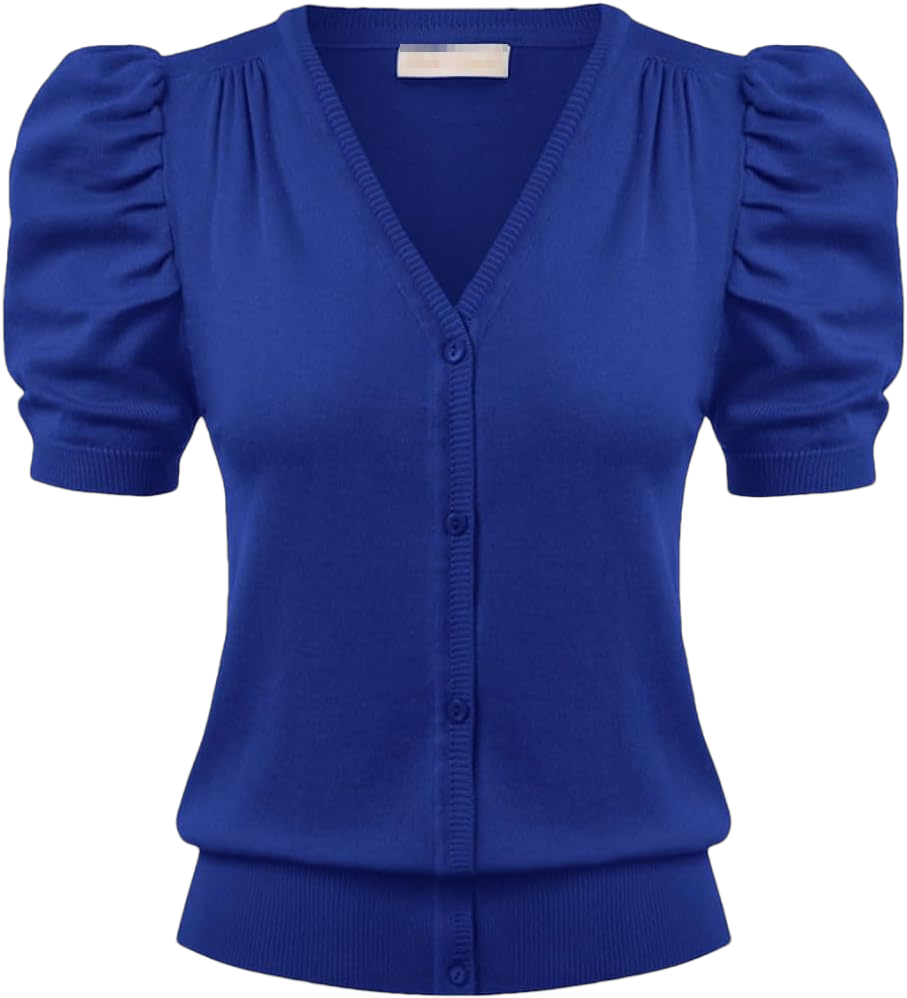 Bollrllr Women's Retro Short Puff Sleeve Sweater Button Knitted Cardigan Sweater XX-Large Blue