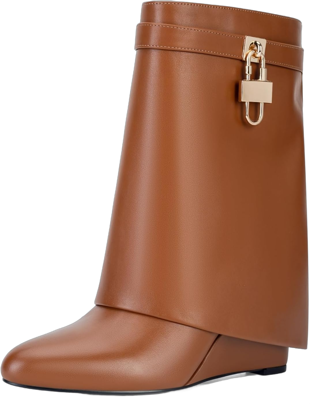 CORNMOOD Women Fold Over Shark Boots Wide Mid-calf Boots Platform Wedge Heel Almond Toe Faux Leather Pull On Short Booties with Padlock 7.5 Short Brown