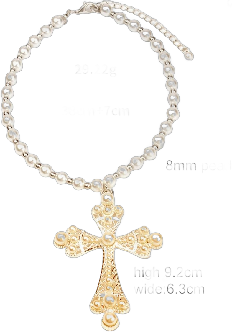 Gothic Pearls Cross Choker Necklace for Women,14K Gold Exaggerated Pearls Beaded Crucifix Pendant Necklace Punk Vintage Religious Clavicle Necklace